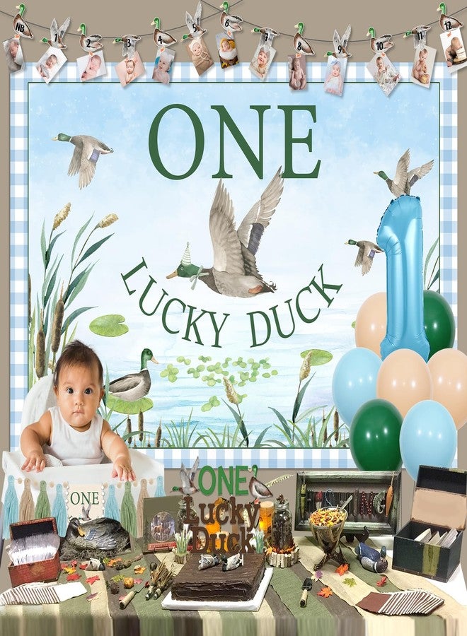 Balterever Duck 1st Birthday Decoration One Lucky Duck Birthday Photo Banner Duck Hunting 1st Bday High Chair Banner Mallard Duck Hunt Bday Backdrop Balloon Cake Topper - Image 3