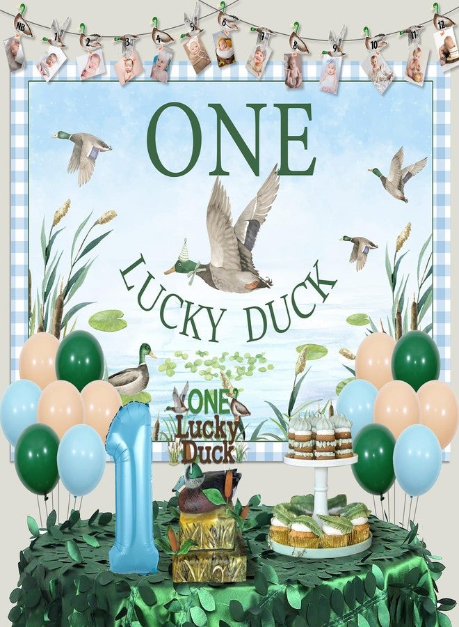 Balterever Duck 1st Birthday Decoration One Lucky Duck Birthday Photo Banner Duck Hunting 1st Bday High Chair Banner Mallard Duck Hunt Bday Backdrop Balloon Cake Topper - Image 2