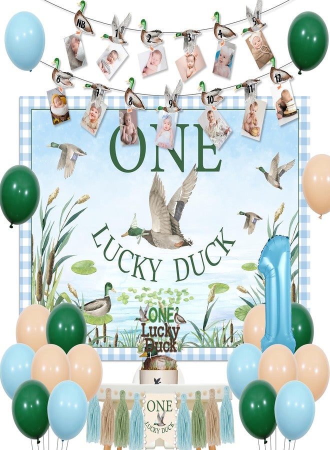 Balterever Duck 1st Birthday Decoration One Lucky Duck Birthday Photo Banner Duck Hunting 1st Bday High Chair Banner Mallard Duck Hunt Bday Backdrop Balloon Cake Topper - Image 1