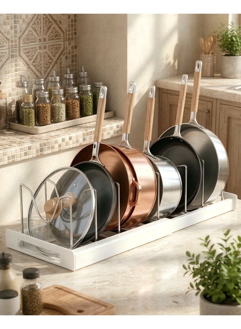Pots and Pans Organizer,56*21.8cm Large Expandable Pot Lid Holder and Pan Rack in Kitchen with 7 Tiers Adjustable Pots and Pans Organizer, Adjustable Pull-out Pot Rack Organizer Cabinet, U-shaped Dish Rack Washing Drying Rack for Placing Lid Bowls and Plates Cabinets - Image 2