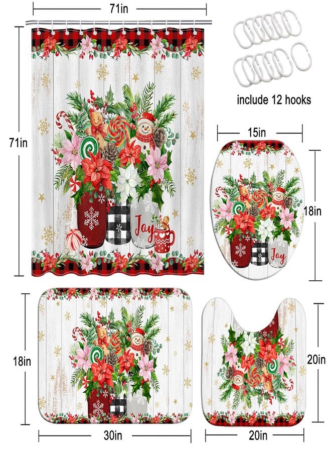 Mocsicka 4pcs Christmas Shower Curtain Set, Cute Snowman Xmas Red Checkered Floral Gingerbread Man Shower Curtain Set for Christmas Bath Decor with Non-Slip Washable Bath Rugs Toilet Lid Cover - Image 2
