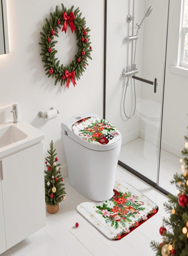 Mocsicka 4pcs Christmas Shower Curtain Set, Cute Snowman Xmas Red Checkered Floral Gingerbread Man Shower Curtain Set for Christmas Bath Decor with Non-Slip Washable Bath Rugs Toilet Lid Cover - Image 5