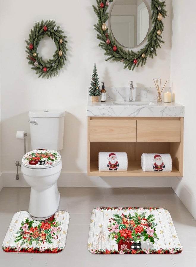Mocsicka 4pcs Christmas Shower Curtain Set, Cute Snowman Xmas Red Checkered Floral Gingerbread Man Shower Curtain Set for Christmas Bath Decor with Non-Slip Washable Bath Rugs Toilet Lid Cover - Image 4