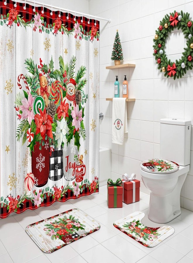 Mocsicka 4pcs Christmas Shower Curtain Set, Cute Snowman Xmas Red Checkered Floral Gingerbread Man Shower Curtain Set for Christmas Bath Decor with Non-Slip Washable Bath Rugs Toilet Lid Cover - Image 1