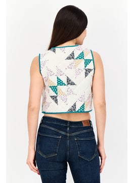 Reclaimed Vintage Women Tie Neck Sleeveless Allover Print Quilted Gilet Top, Off White  - Image 3