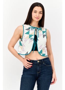 Women Tie Neck Sleeveless Allover Print Quilted Gilet Top, Off White