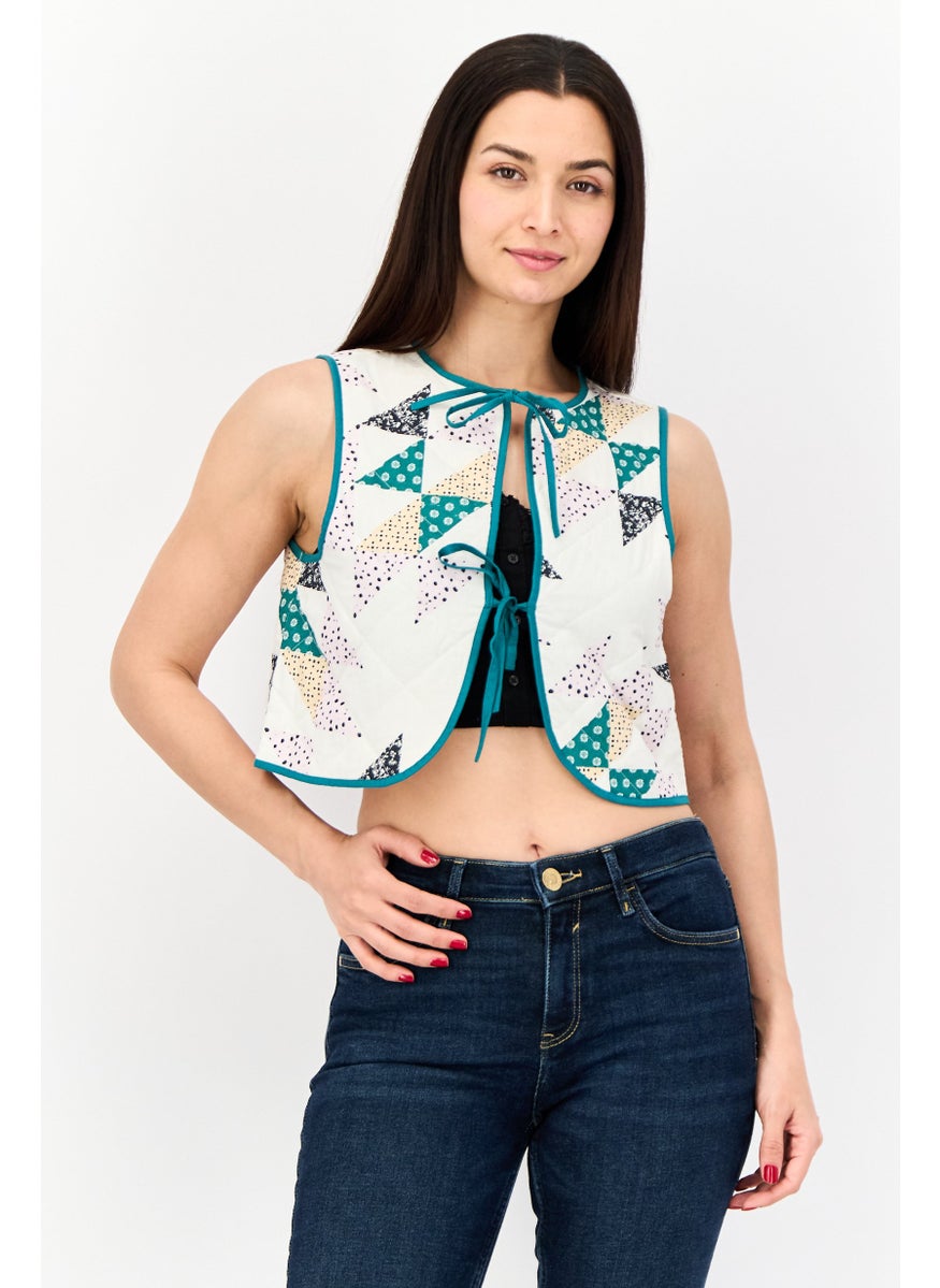 Reclaimed Vintage - Women Tie Neck Sleeveless Allover Print Quilted Gilet Top, Off White - Image 1