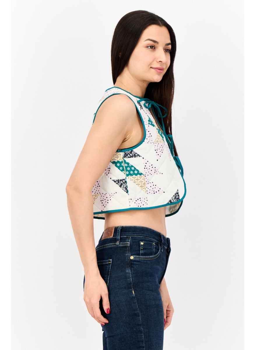 Reclaimed Vintage - Women Tie Neck Sleeveless Allover Print Quilted Gilet Top, Off White - Image 1