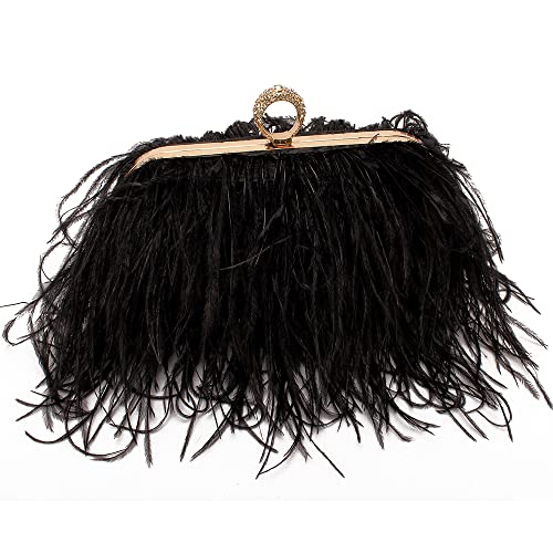 Menurra Women Real Natural Ostrich Feather Evening Bags Purses Clutch Vintage Banquet Handbag (black) - Image 1