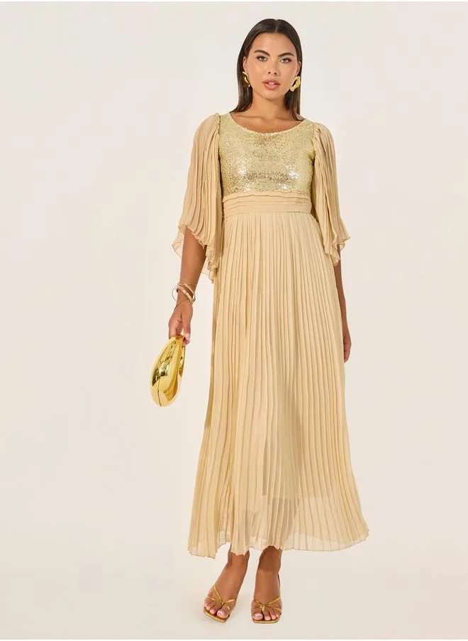 Styli Embellished Pleated Design A-Line Maxi Dress