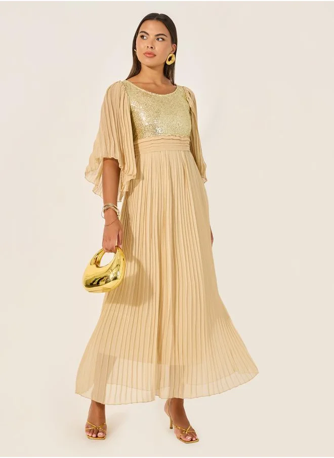 Styli Embellished Pleated Design A-Line Maxi Dress