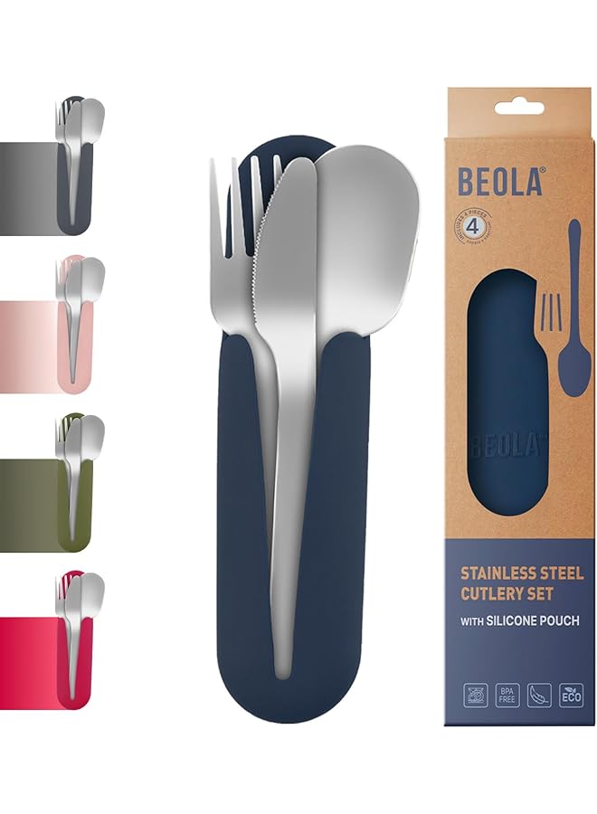 BEOLA Stainless Steel Cutlery Set, Travel Utensils Set With Silicone Case Pouch, Fork Spoon Knife Camping Set, Cutlery Set For Kids School, Set Of 4 (Marine Blue) - Image 1