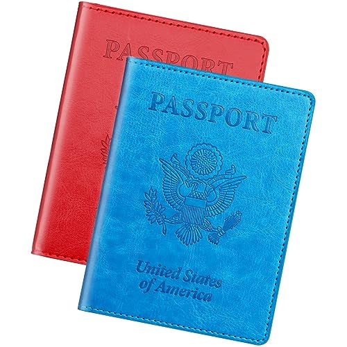 Herain Sky Blue & Red Passport Holder Wallet Cover Case for Family Women Men, Cruise Essentials Travel Must Haves Passport Book Protector - Image 1