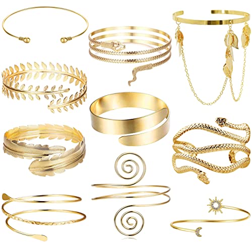 EIELO 10Pcs Arm Cuff Bracelets for Women Upper Arm Bands Snake Feather Armband Greek Goddess Filigree Swirl Boho Armlet Cuff Bangle Adjustable Golden Arm Bracelet Set - Image 1