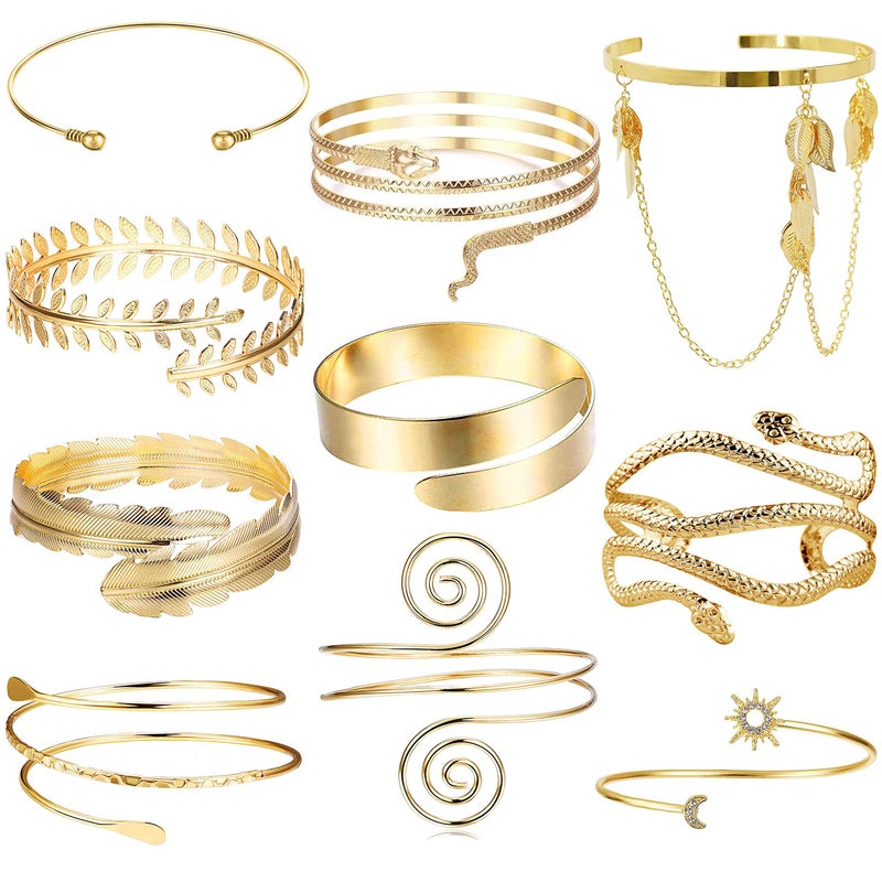 EIELO 10Pcs Arm Cuff Bracelets for Women Upper Arm Bands Snake Feather Armband Greek Goddess Filigree Swirl Boho Armlet Cuff Bangle Adjustable Golden Arm Bracelet Set - Image 2