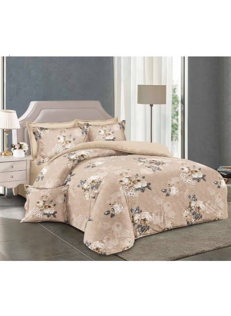 AL RAID Luxury 6-Piece Super King Size Bedding Set – Duvet Cover, Fitted Sheet & 4 Pillowcases – Beige Floral Print – Soft Microfiber Cotton, 250-Thread Count