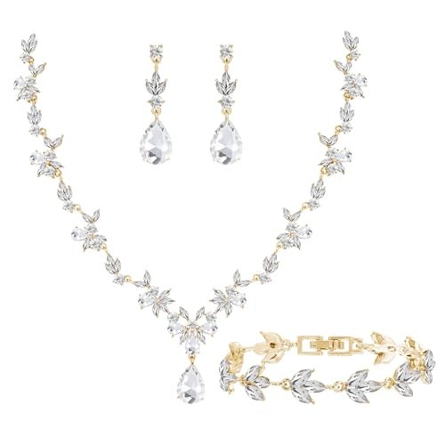 Paxuan Bridal Wedding Elegant Floral Jewelry Set for Women/Brides/Bridesmaids Crystal Jewelry Set for Wedding Prom Party Bridal Crystal Necklace Earrings Bracelet Set (White (14KC gold Plated)) - Image 1
