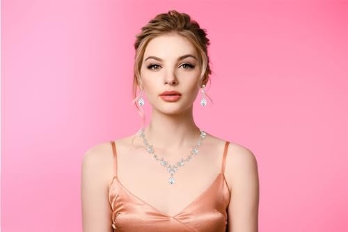 Paxuan Bridal Wedding Elegant Floral Jewelry Set for Women/Brides/Bridesmaids Crystal Jewelry Set for Wedding Prom Party Bridal Crystal Necklace Earrings Bracelet Set (White (14KC gold Plated)) - Image 3