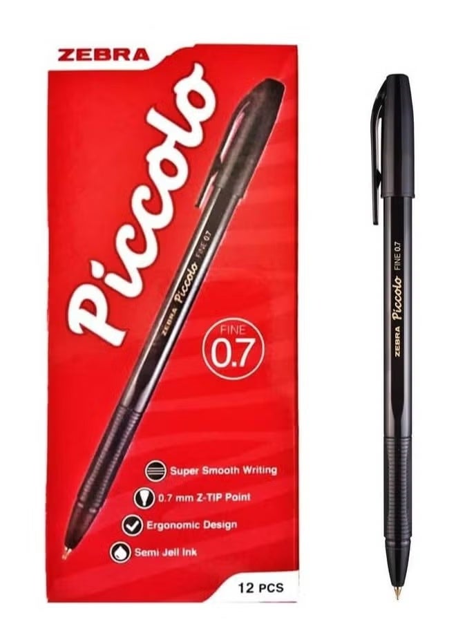 ZEBRA 12 Piece Piccolo Black Ball Pen 0.7mm Fine Tip - Image 1