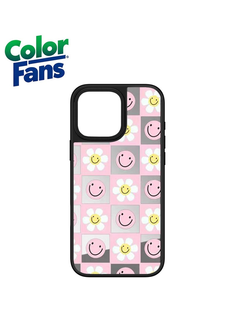 Color Fans Trendy Smiley Flower Mirror Case - iPhone 11 Pro Max-Pink and Gray with Smiley Faces 