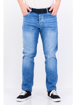 CROSSHATCH Men Regular Fit Belted Wash Stretchable Denim, Blue  - Image 1