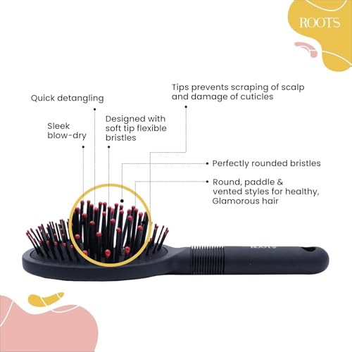 ROOTS Truglam Black Round Paddle Hair Brush | Soft Tip Flexible Bristles | Prevent Scalp Scraping & Cuticle Damage | Quick Detangling | For Men & Women | Length - 9.44 Inch, Model No - 9551B2 - Image 3