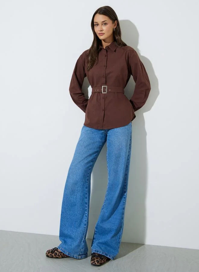 ستايلي Brown Solid Long Sleeves Oversized Shirt with Fabric Belt