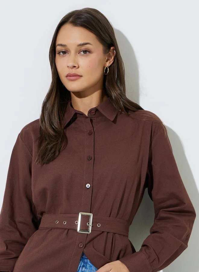 ستايلي Brown Solid Long Sleeves Oversized Shirt with Fabric Belt