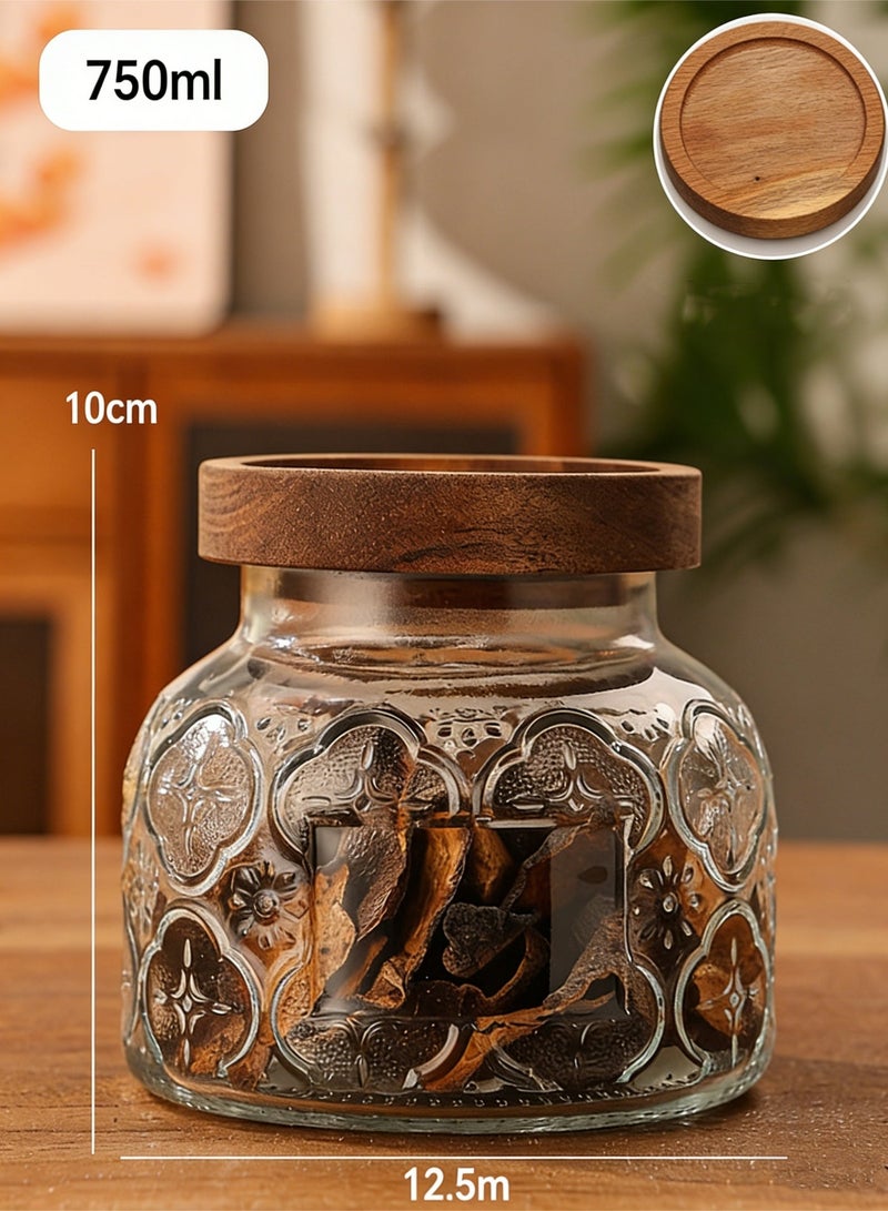 Haidue 2Pcs Vintage Embossed Glass Airtight Storage Jar with Natural Wood Lid | Food Storage Container for Kitchen  Tea  Grains & Coffee Beans - Image 4