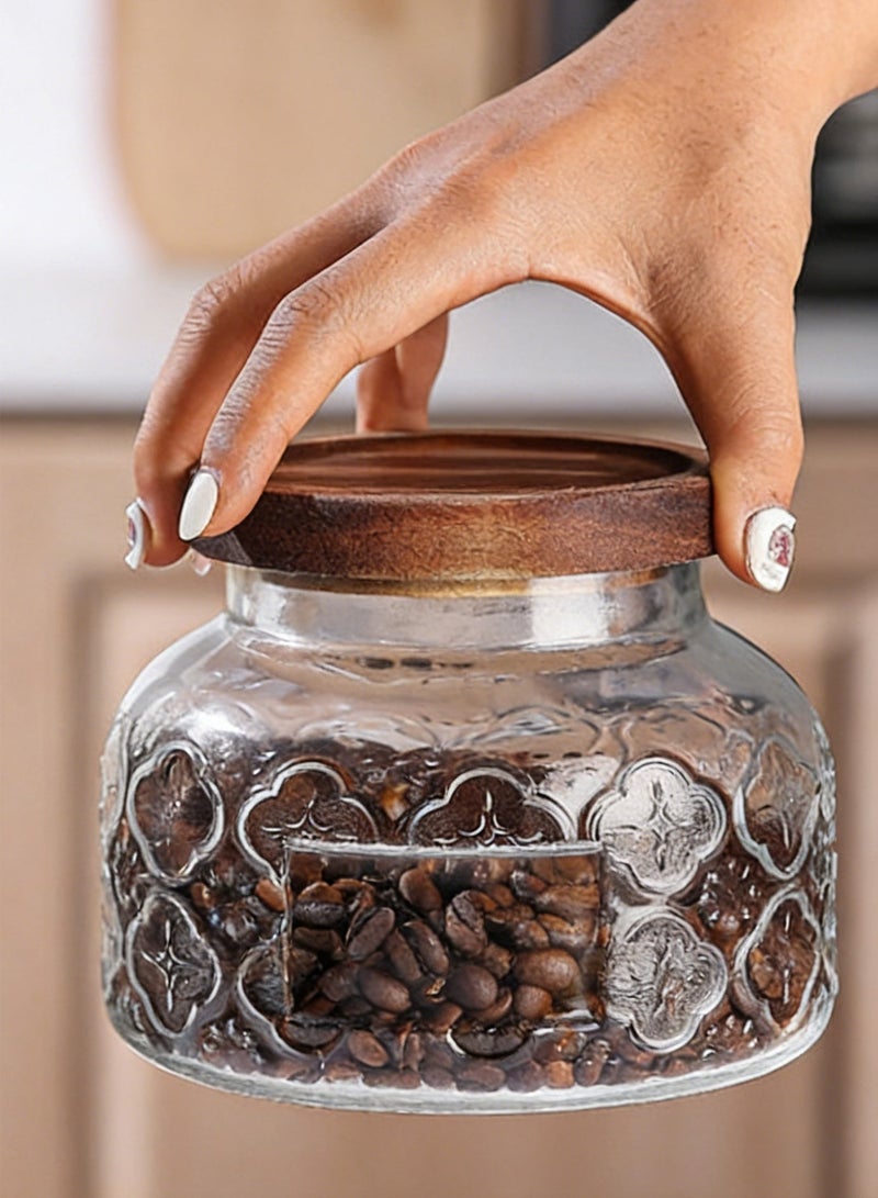 Haidue 2Pcs Vintage Embossed Glass Airtight Storage Jar with Natural Wood Lid | Food Storage Container for Kitchen  Tea  Grains & Coffee Beans - Image 2