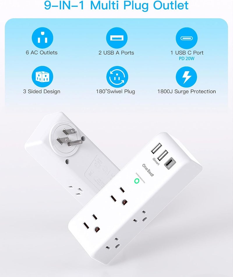 One Beat Surge Protector Outlet Extender with Rotating Plug, PD 20W, 6 AC Multi Plug Outlet with 3 USB Ports (1 USB C), 1800 Joules, 3-Sided Swivel Power Strip with Spaced Outlet Splitter for Office - Image 2