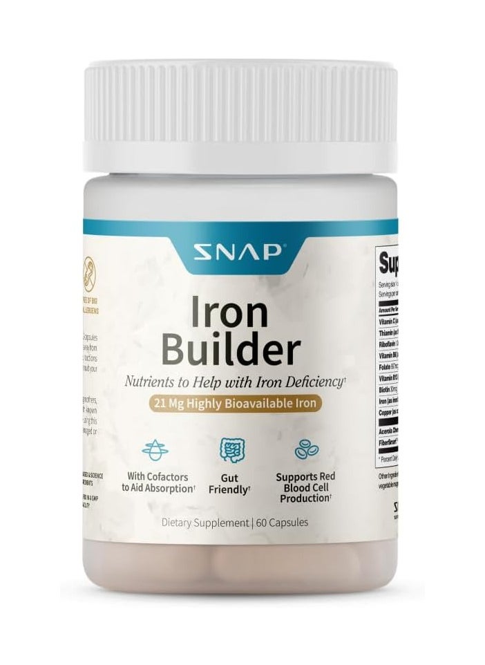 سناب - Iron Builder مع 21 ملغ من الحديد عالي التوفر بيولوجيًا لزيادة الطاقة ، والتمثيل الغذائي ، والهضم ، ورفع مستويات الهيموجلوبين | 60 كبسولة مكمل غذائي - Image 1