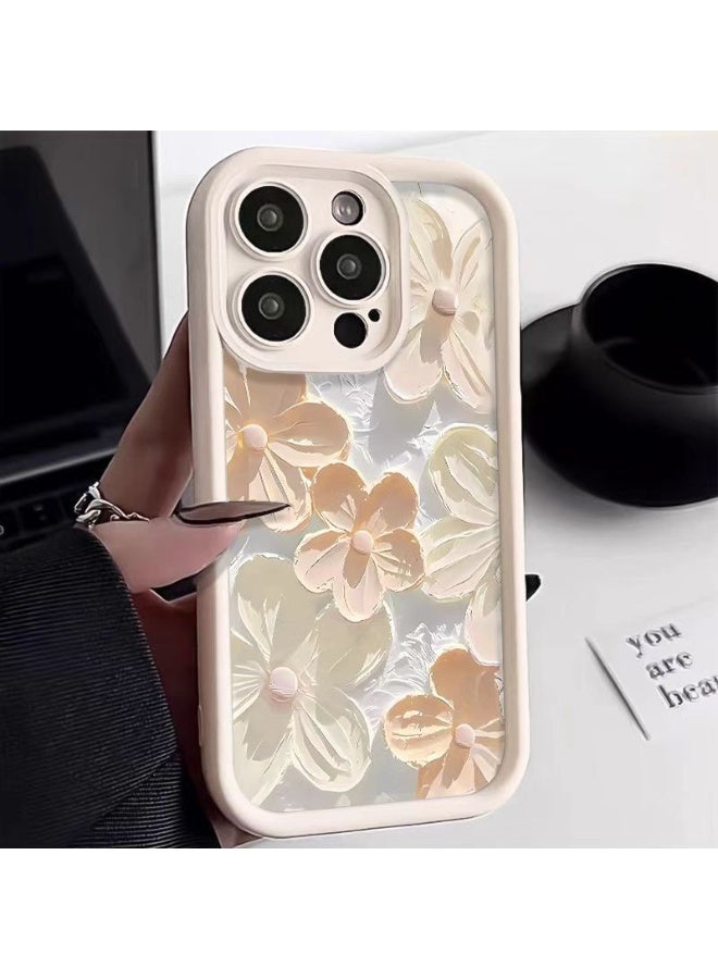 جراب iPhone 16 Pro Max أبيض لامع، تصميم زهور زيتية أنيقة، غطاء ناعم من مادة TPU مقاوم للصدمات ومضاد لبصمات الأصابع للنساء والفتيات - Image 1