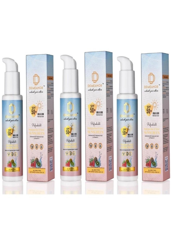 DEMEANOR Watermelon & Kiwi Sunscreen for Face & Body - SPF 50+ & PA+++ Cooling Hydration with Broad Spectrum Protection - 100ml (Pack of 3) - Image 1