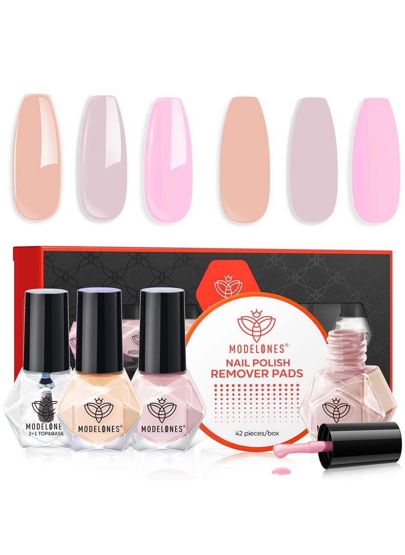 modelones - Modelones Nail Polish Set 3 Colors Nude Neutral Nail Polish Quick Dry Nail Polish Base & Top Coat + Remover Pads Neutral Skin Tone Mini Starter Kit Manicure DIY Nail Art Salon Home Gift For Women Girl - Image 1