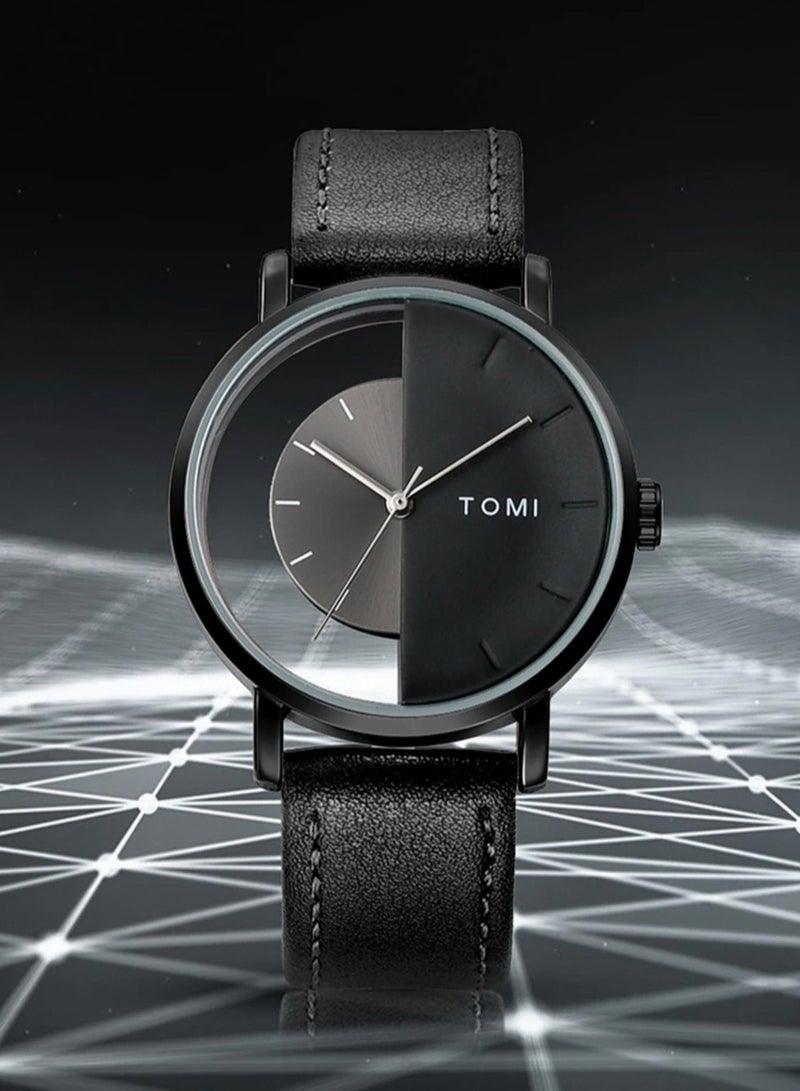 TOMI A stylish unisex wrist watch with black leather strap for men and women from TOMI, the watch face size is 40 mm and the thickness is 9 mm - Image 2