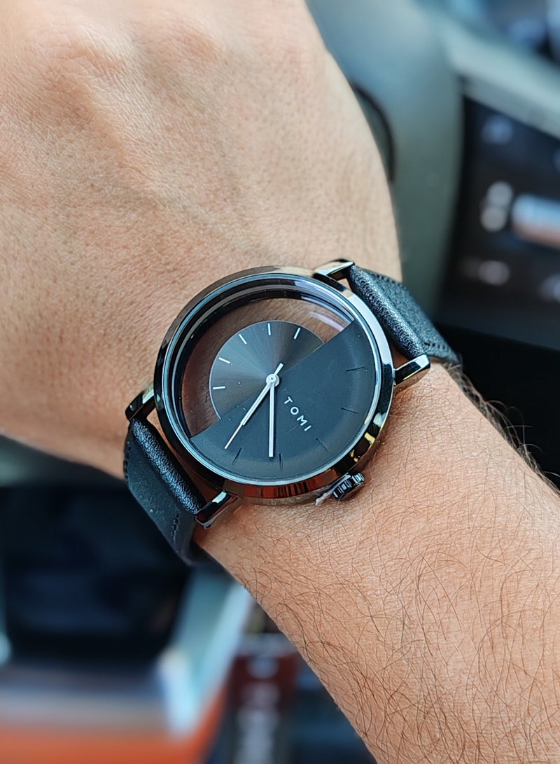 TOMI A stylish unisex wrist watch with black leather strap for men and women from TOMI, the watch face size is 40 mm and the thickness is 9 mm - Image 1