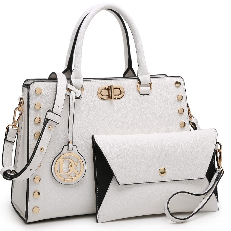 Dasein Women Medium Satchel Handbag Work Tote Shoulder Bag Top Handle Purse with Matching Clutch 2pcs Set White