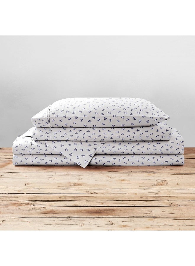 Brielle Home Printed 100% Cotton Percale Sheet Set, Anchors Navy, King - Image 1