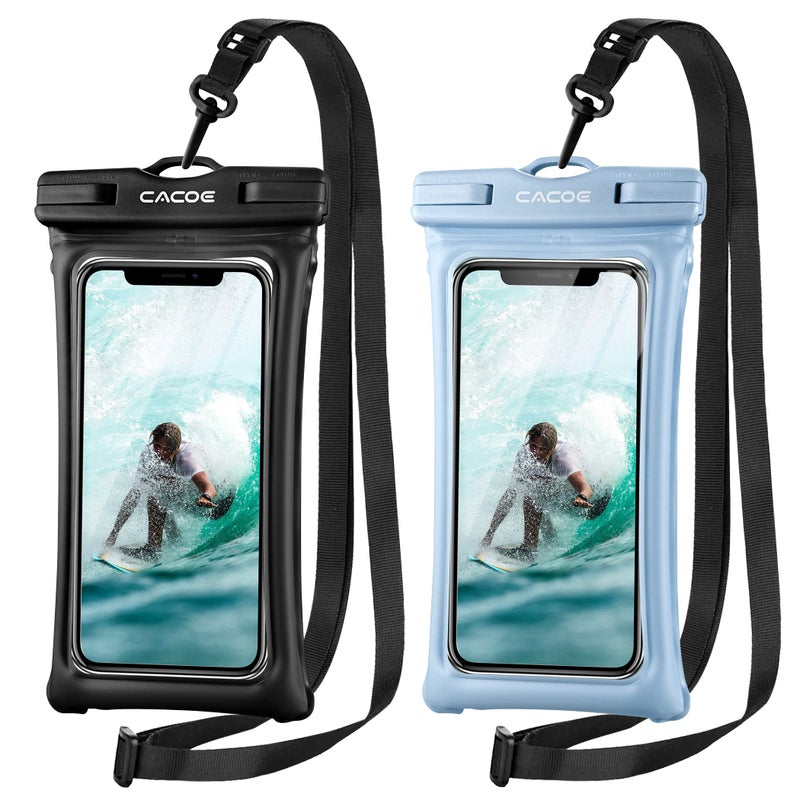 CACOE [Floatable] Floating Universal Waterproof Phone case 2 Pack-Up to 7.0",Phone Pouch with Adjustable Neck Lanyard,IPX8 Cellphone Dry Bags for Vacation Water Activitiesï¼ˆBlack+Light Blueï¼‰ - Image 1