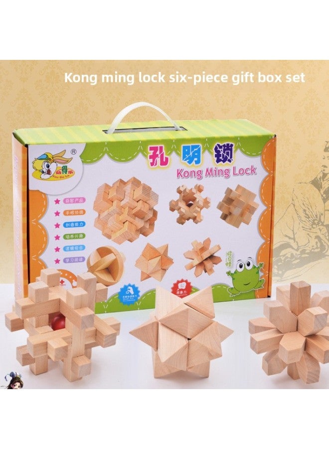 Young Dele Adult Children's Educational Wooden Unlocking Intelligence Toys Assembled Kongming Lock Luban Lock Set Six-Piece Set-Color:A -4 Sets  - Image 2
