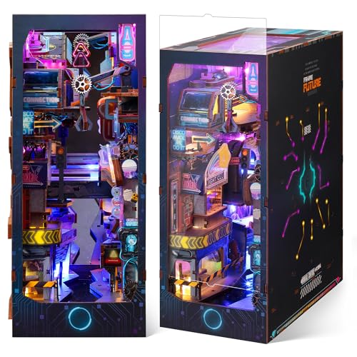 FUNPOLA 3D Wood Puzzle Book Nook Kit Futuristic Miniature Bookshelf Insert with LED Lights DIY Cyberpunk Bookend Dcor for Display Unique Craft for Adults and Teens Endless Dimensions - Image 1