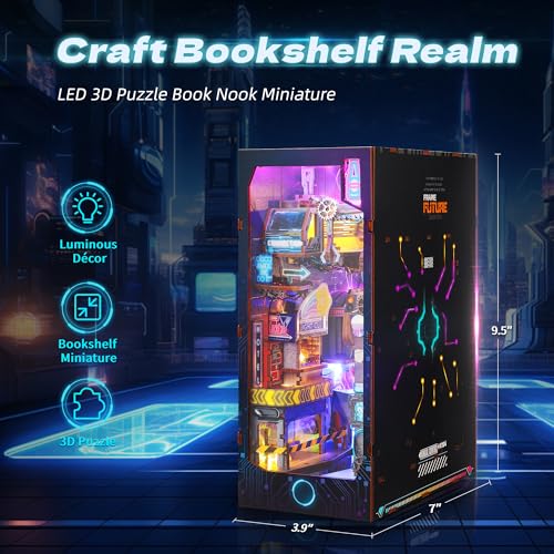 FUNPOLA 3D Wood Puzzle Book Nook Kit Futuristic Miniature Bookshelf Insert with LED Lights DIY Cyberpunk Bookend Dcor for Display Unique Craft for Adults and Teens Endless Dimensions - Image 5