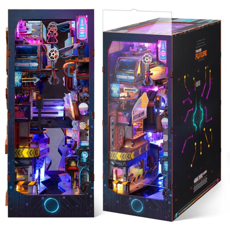 FUNPOLA 3D Wood Puzzle Book Nook Kit Futuristic Miniature Bookshelf Insert with LED Lights DIY Cyberpunk Bookend Dcor for Display Unique Craft for Adults and Teens Endless Dimensions - Image 3