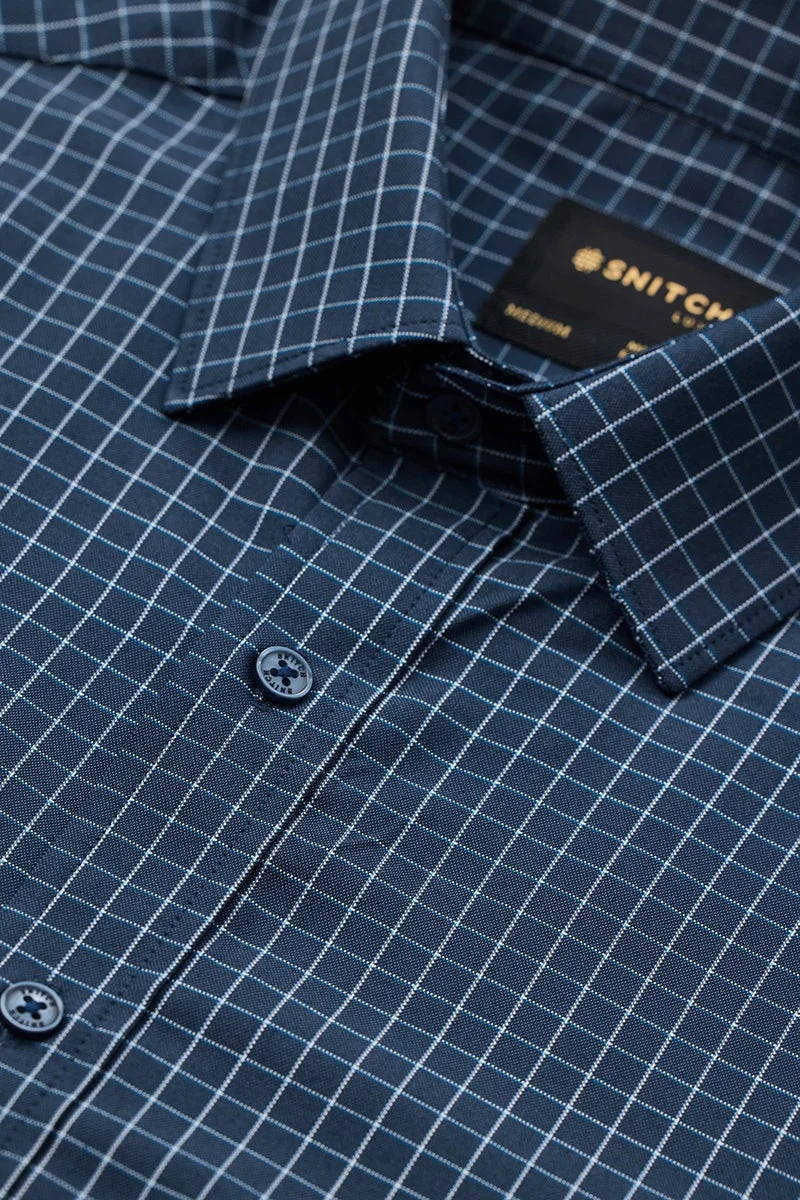 SNITCH Navy Blue Checkered Long Sleeve Slim Fit Luxe Shirt