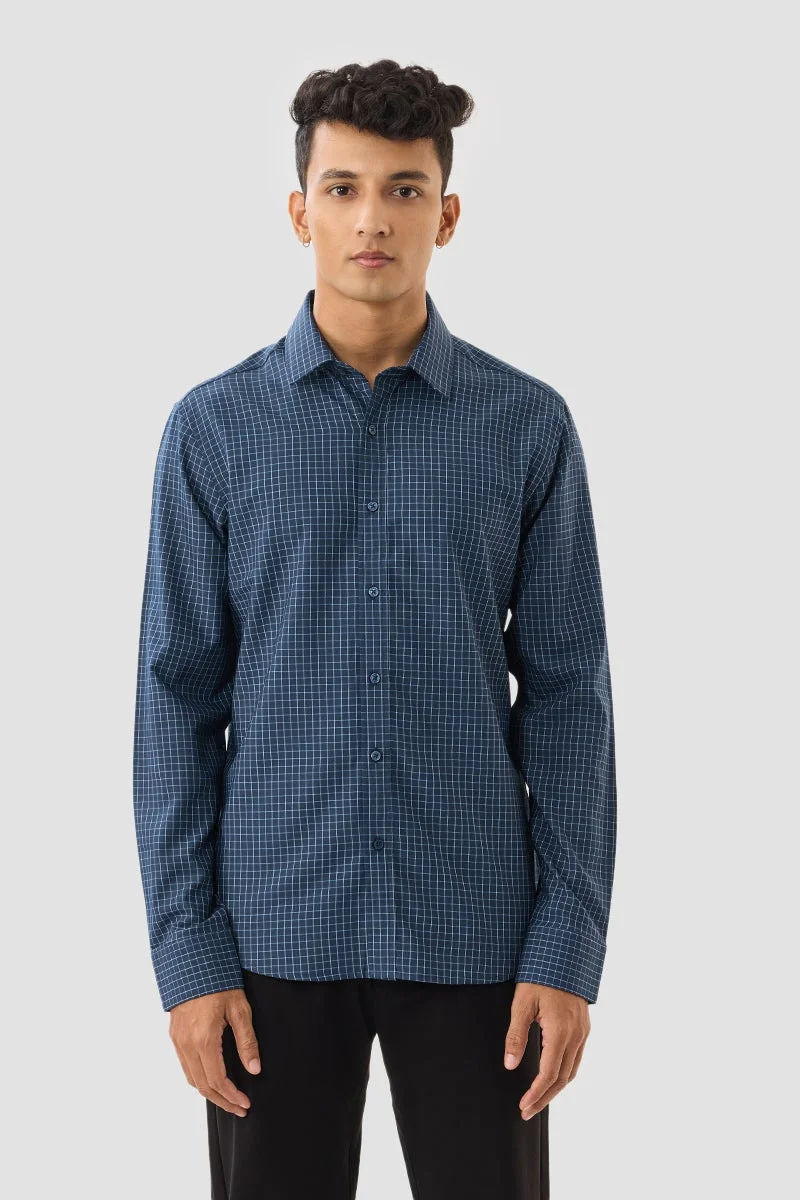 SNITCH Navy Blue Checkered Long Sleeve Slim Fit Luxe Shirt