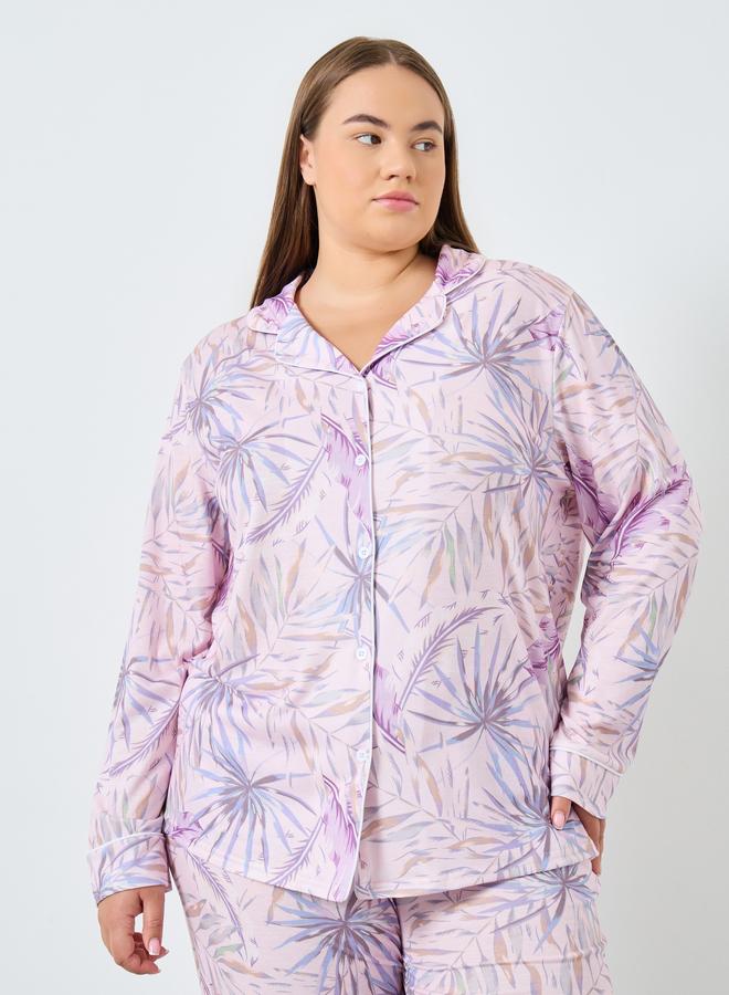 Styli Plus Size Tropical Print Shirt and Pyjama Set - Image 2