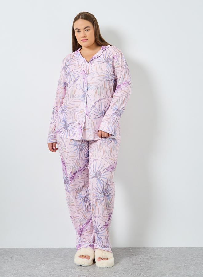 Styli Plus Size Tropical Print Shirt and Pyjama Set - Image 1