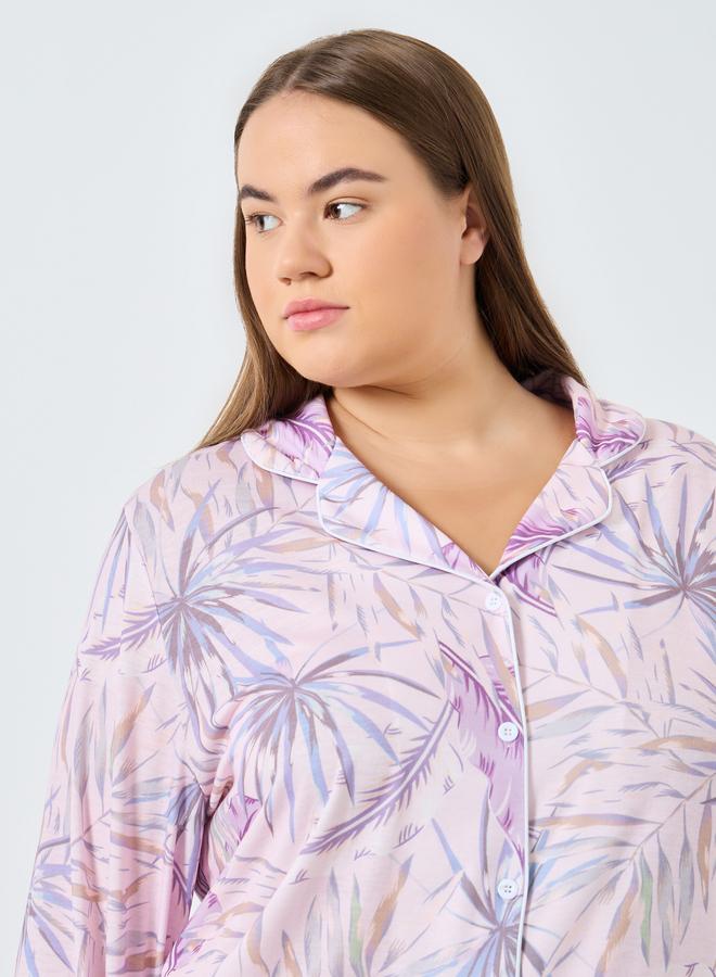 Styli Plus Size Tropical Print Shirt and Pyjama Set - Image 3