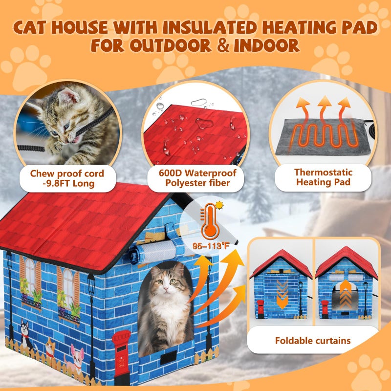 Midollarle Heated Outdoor Cat House Double Door Heater Cats Shelter,Weatherproof Foldable Heat Kitty House with Insulated Kitten Heating Pad Bed for Feral Barn Cat Kitten Puppy Outside Pets in Winter - Image 2